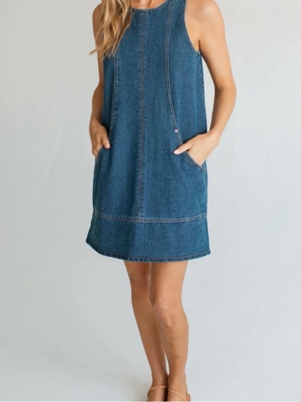 CJLA Kendra Sleeveless Denim Shift Dress with Pockets - Blue